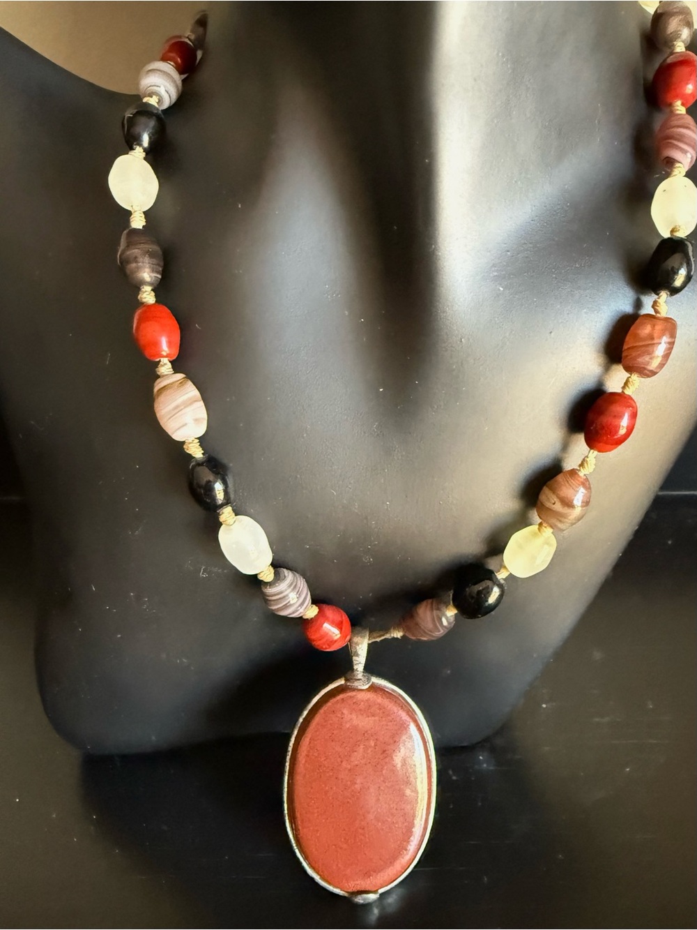 Boho Statement Pendent Necklace / Earth-tone Beaded Necklace With Large Pendent